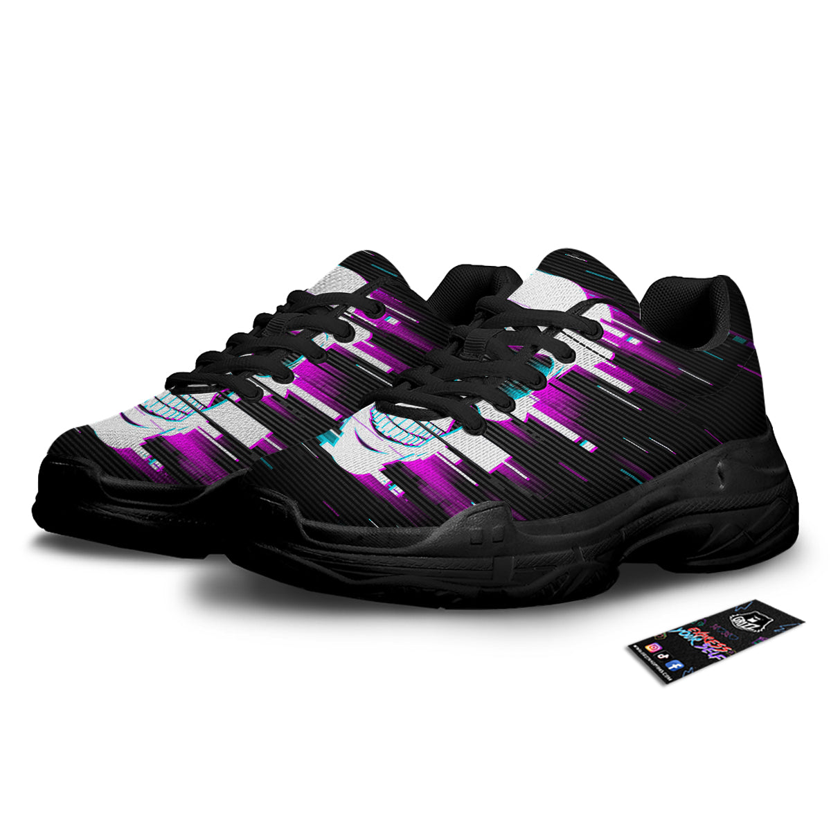 Smiling Skull Glitch Print Black Chunky Shoes-grizzshop