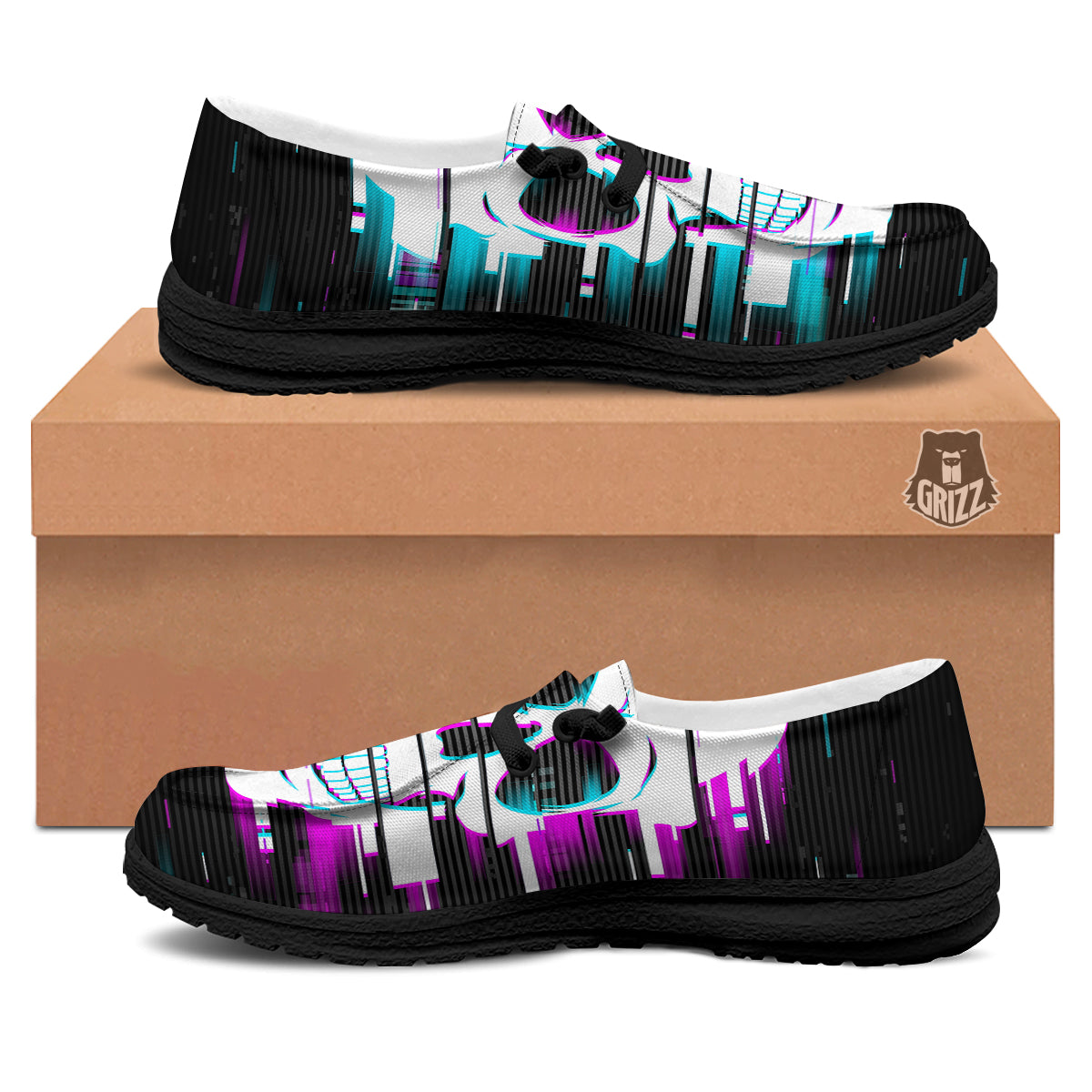 Smiling Skull Glitch Print Black Loafers-grizzshop