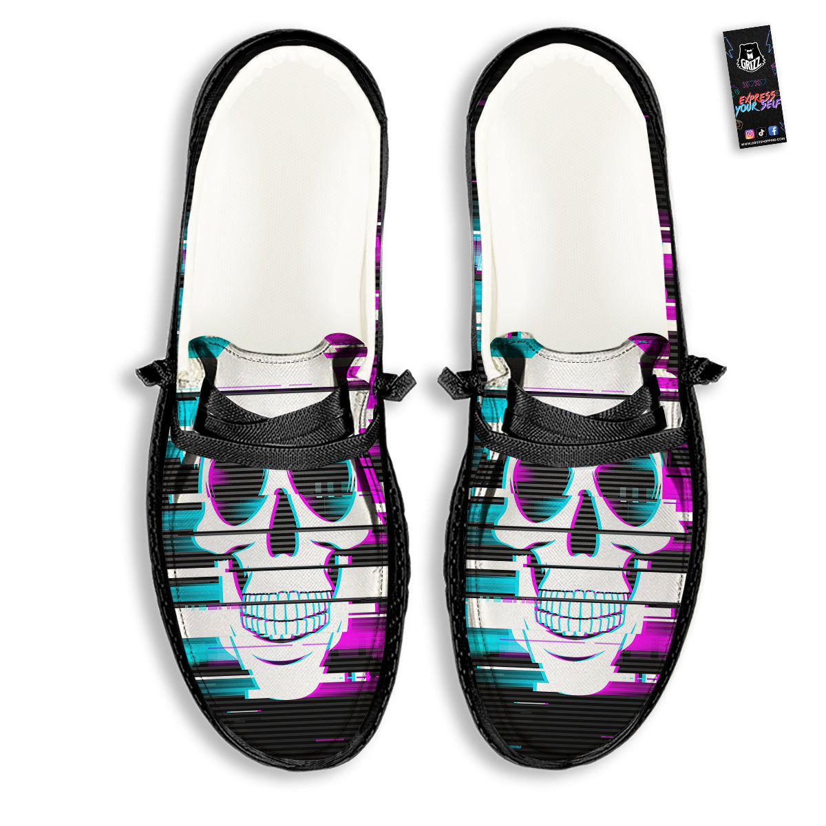 Smiling Skull Glitch Print Black Loafers-grizzshop
