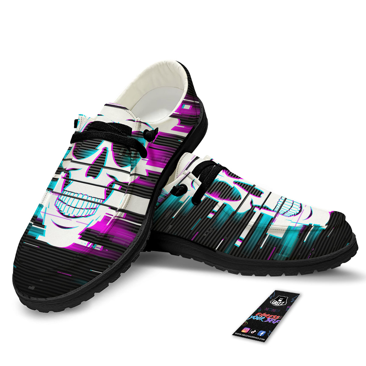 Smiling Skull Glitch Print Black Loafers-grizzshop