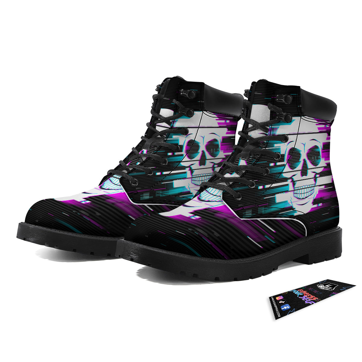 Smiling Skull Glitch Print Boots-grizzshop