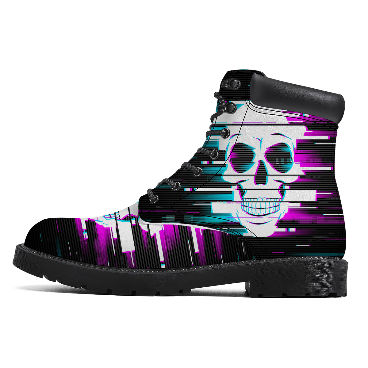 Smiling Skull Glitch Print Boots-grizzshop