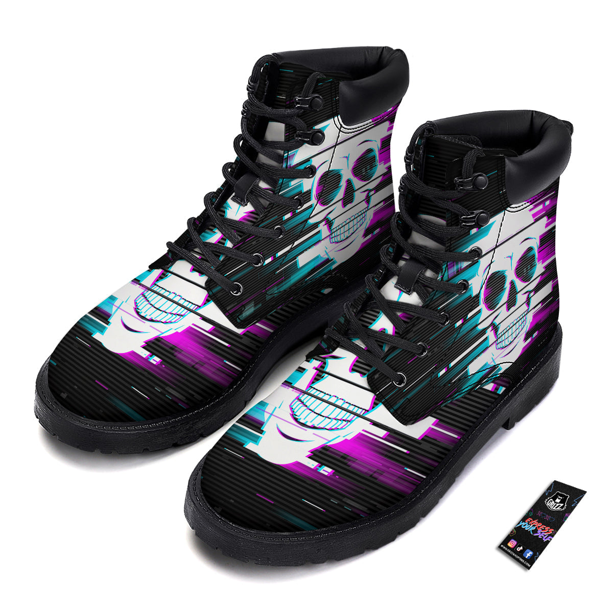 Smiling Skull Glitch Print Boots-grizzshop