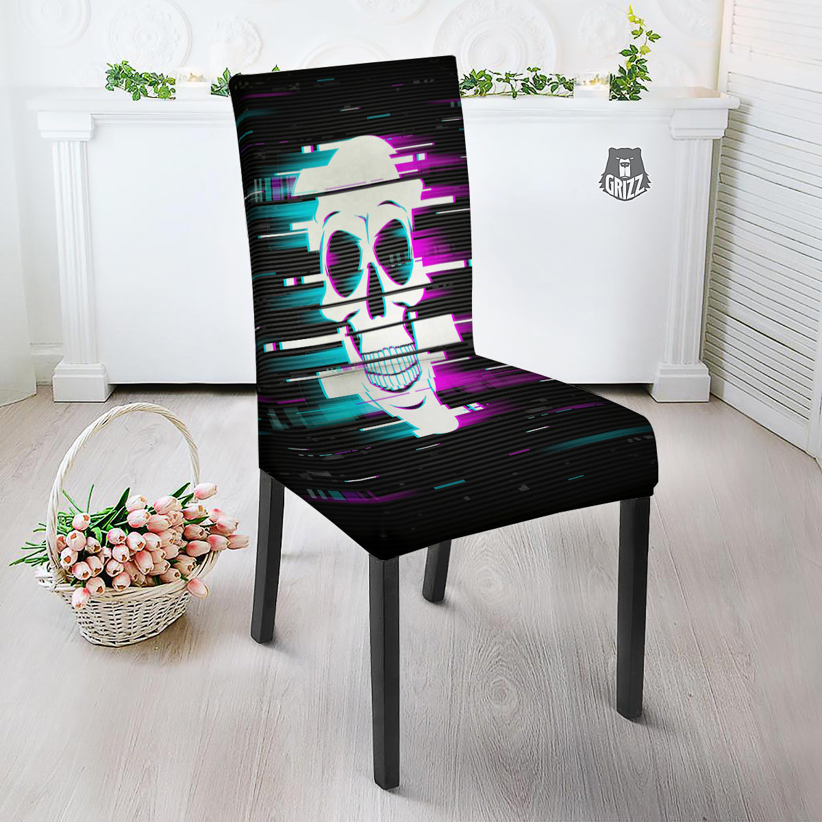 Smiling Skull Glitch Print Dining Chair Slipcover-grizzshop