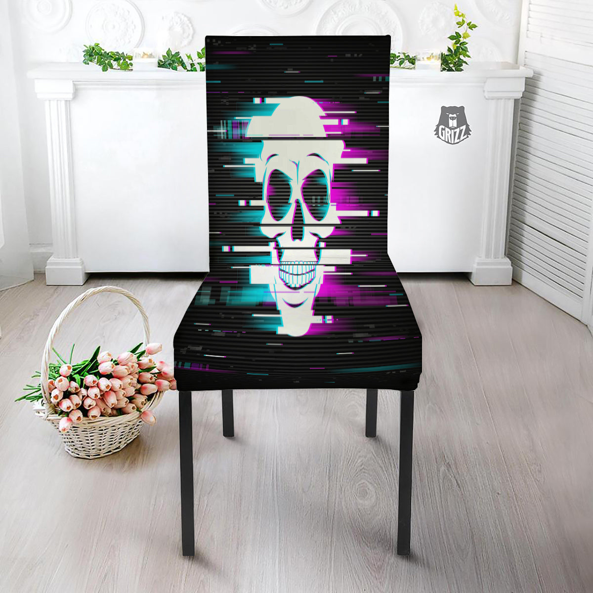 Smiling Skull Glitch Print Dining Chair Slipcover-grizzshop