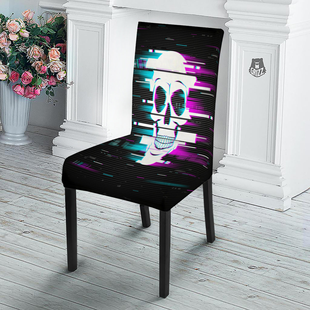 Smiling Skull Glitch Print Dining Chair Slipcover-grizzshop