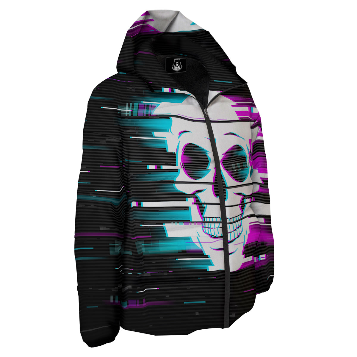 Smiling Skull Glitch Print Down Jacket-grizzshop