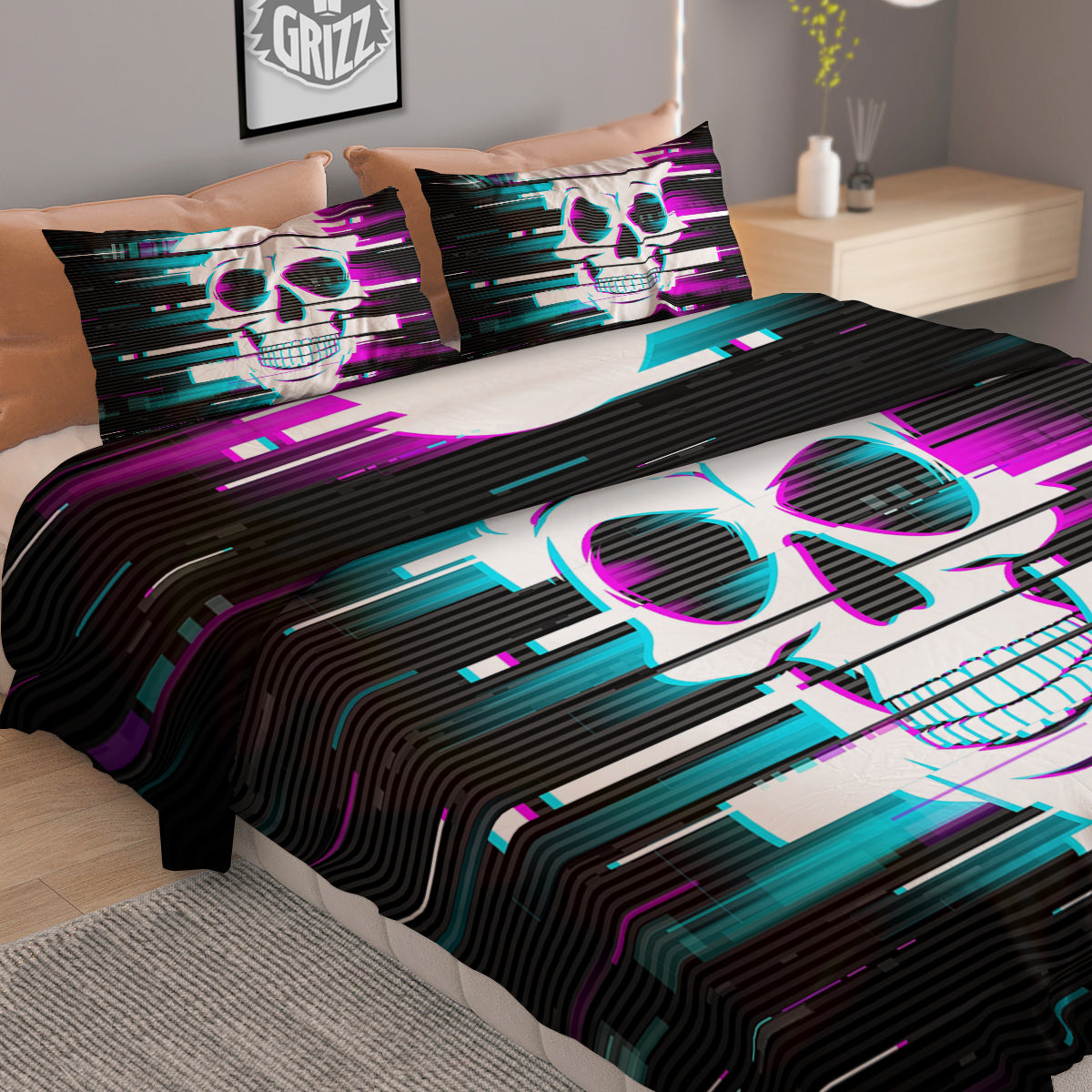Smiling Skull Glitch Print Duvet Cover Bedding Set