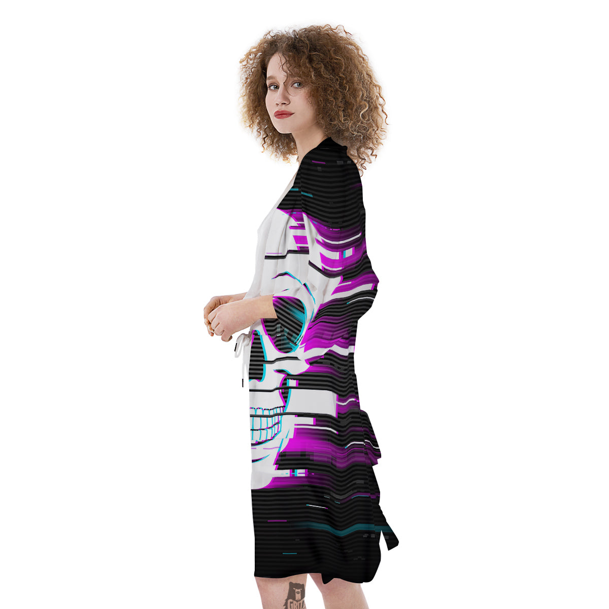 Smiling Skull Glitch Print Kimono-grizzshop