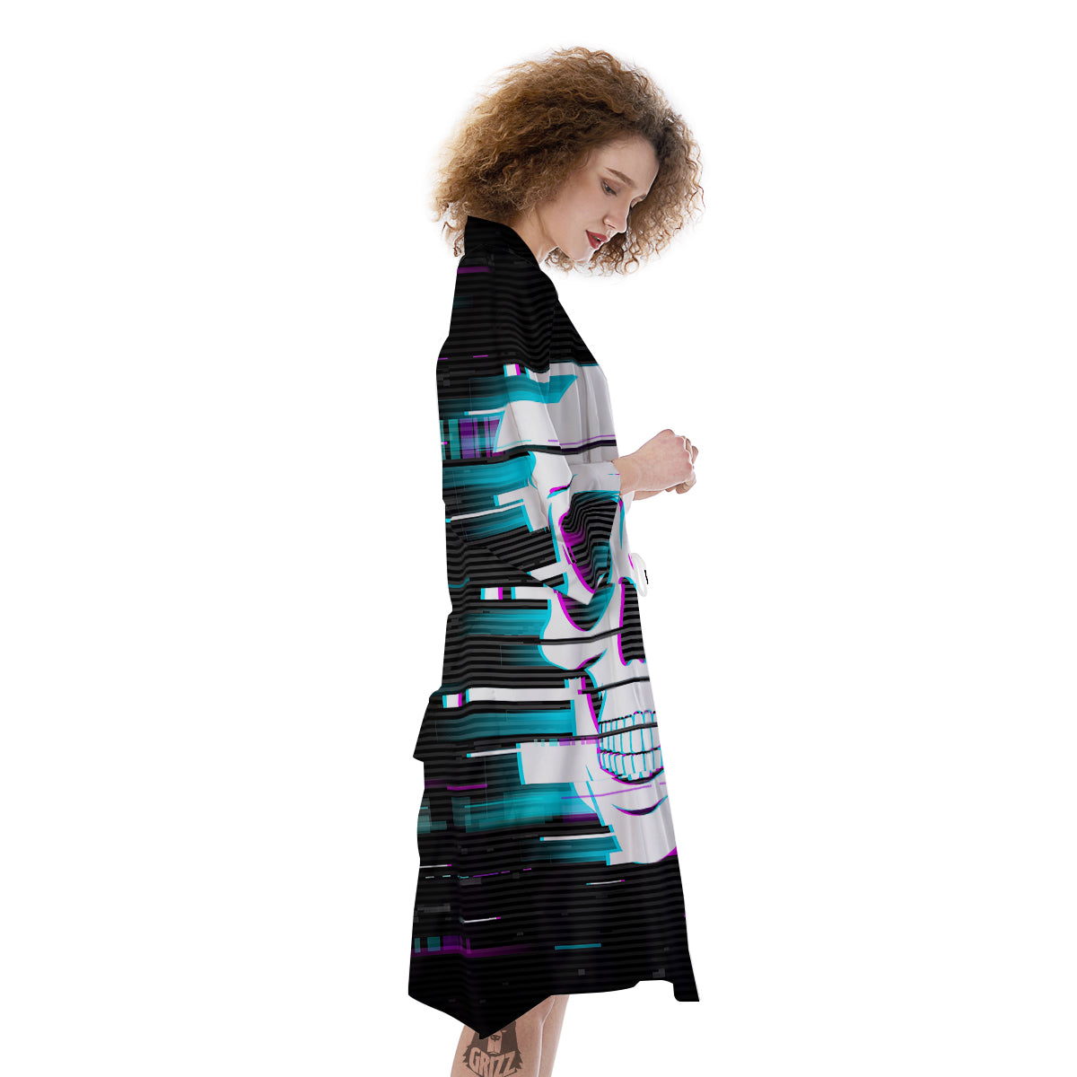 Smiling Skull Glitch Print Kimono-grizzshop