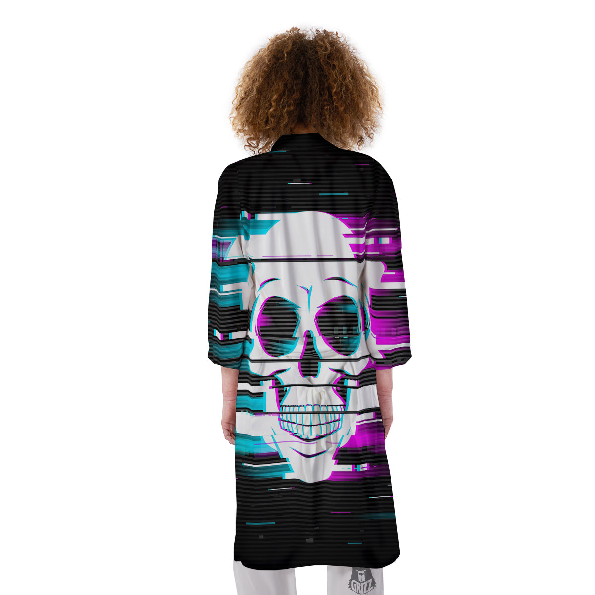 Smiling Skull Glitch Print Kimono-grizzshop