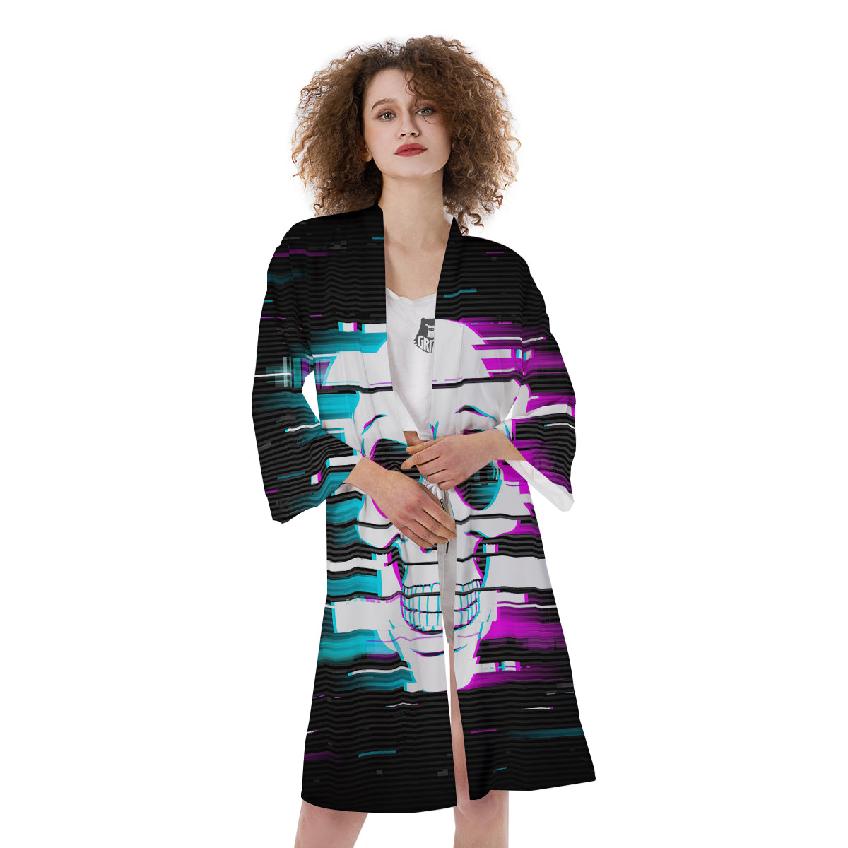 Smiling Skull Glitch Print Kimono-grizzshop