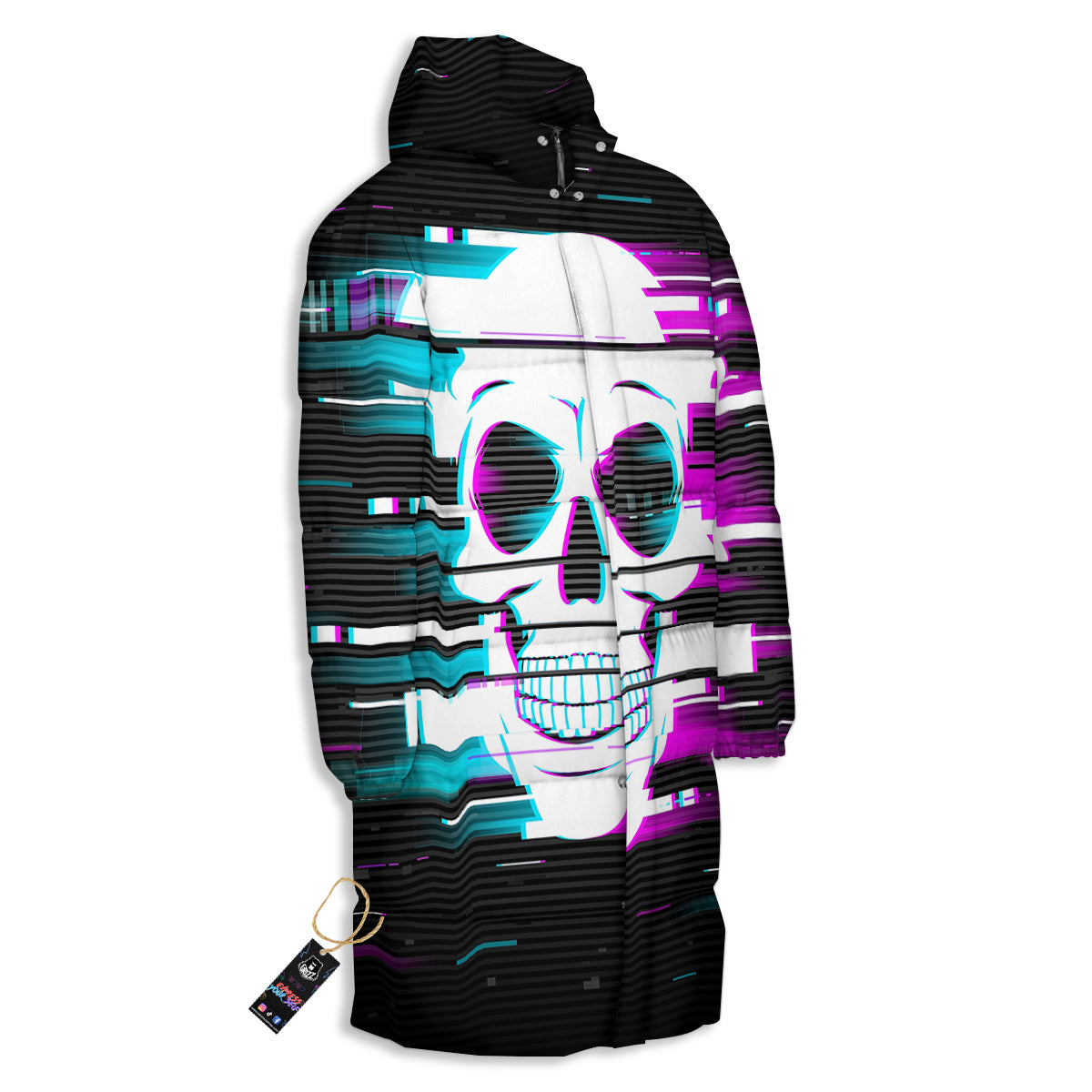 Smiling Skull Glitch Print Long Down Jacket-grizzshop