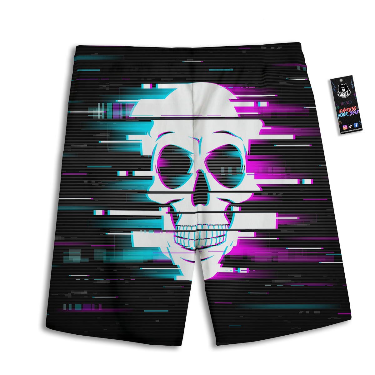 Smiling Skull Glitch Print Men's Athletic Shorts