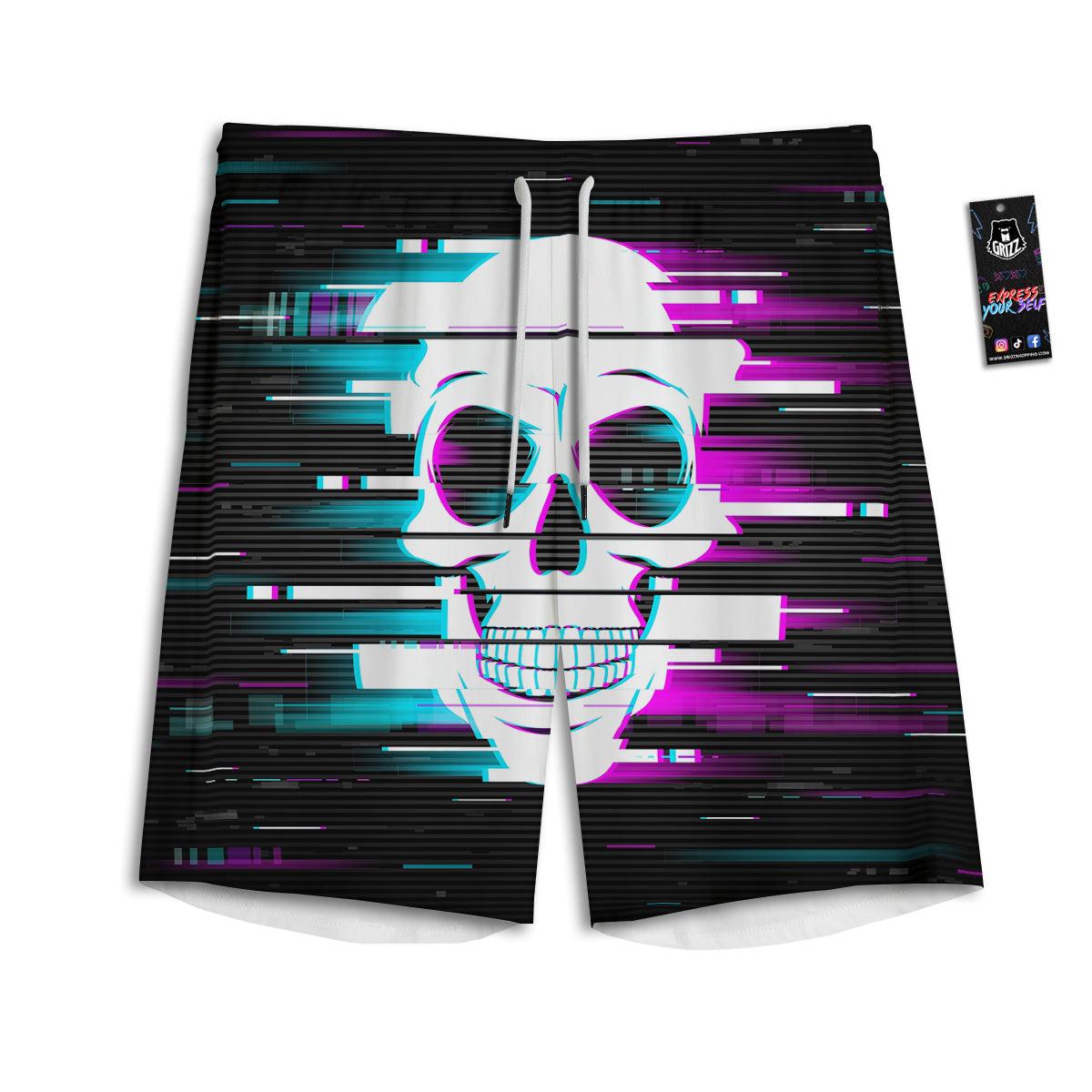 Smiling Skull Glitch Print Men's Athletic Shorts