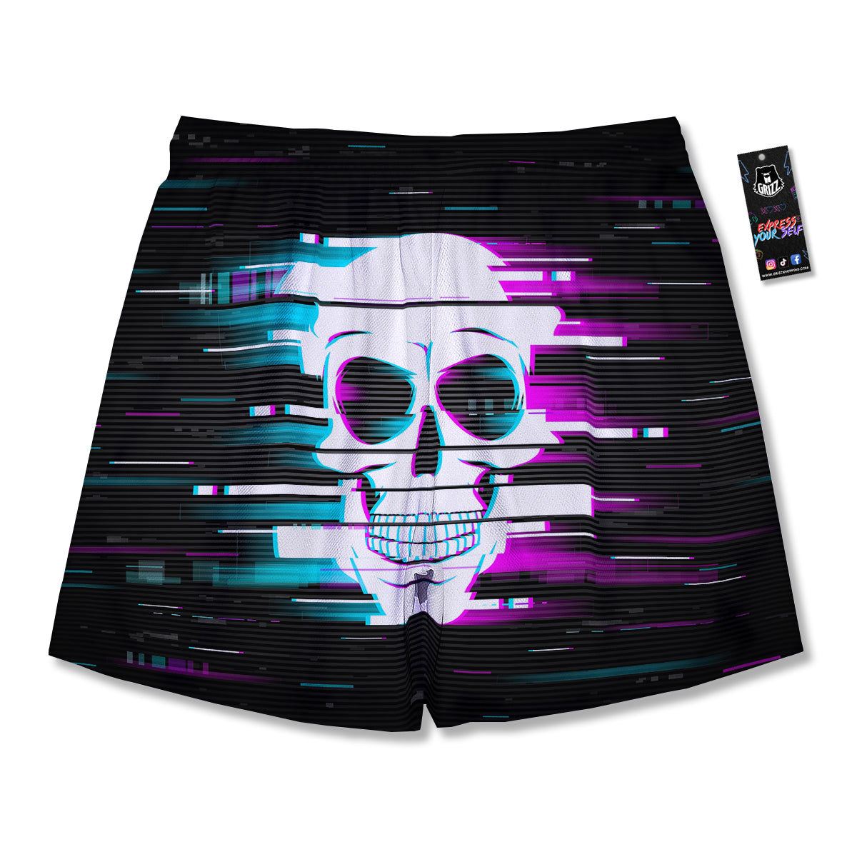 Smiling Skull Glitch Print Men's Running Shorts-grizzshop