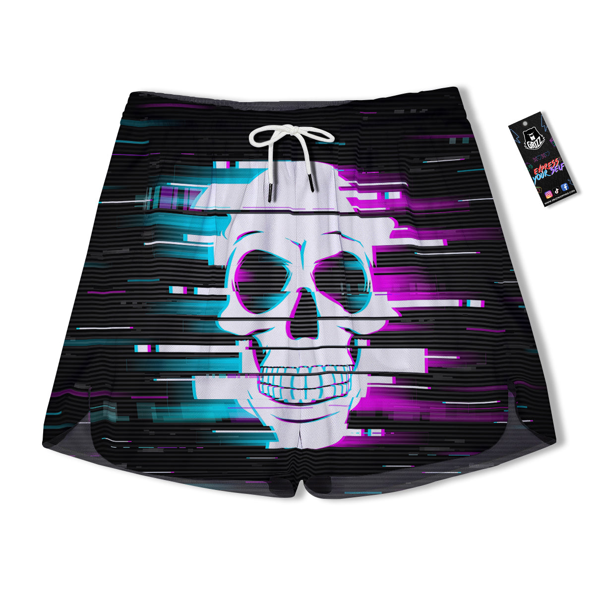 Smiling Skull Glitch Print Men's Running Shorts-grizzshop