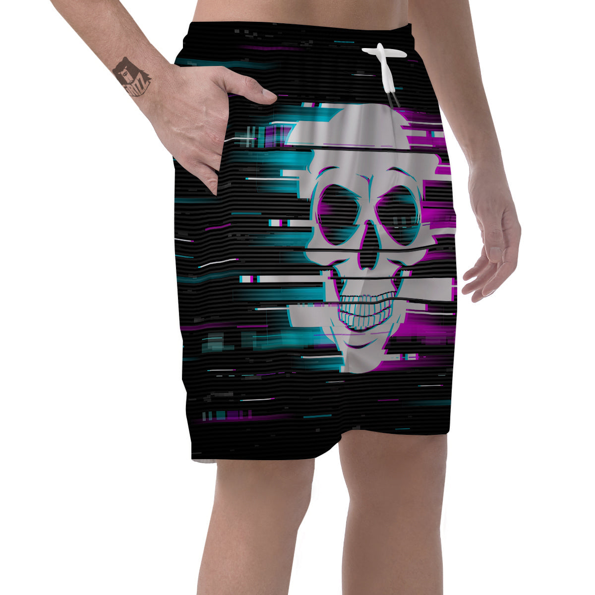 Smiling Skull Glitch Print Men's Shorts-grizzshop