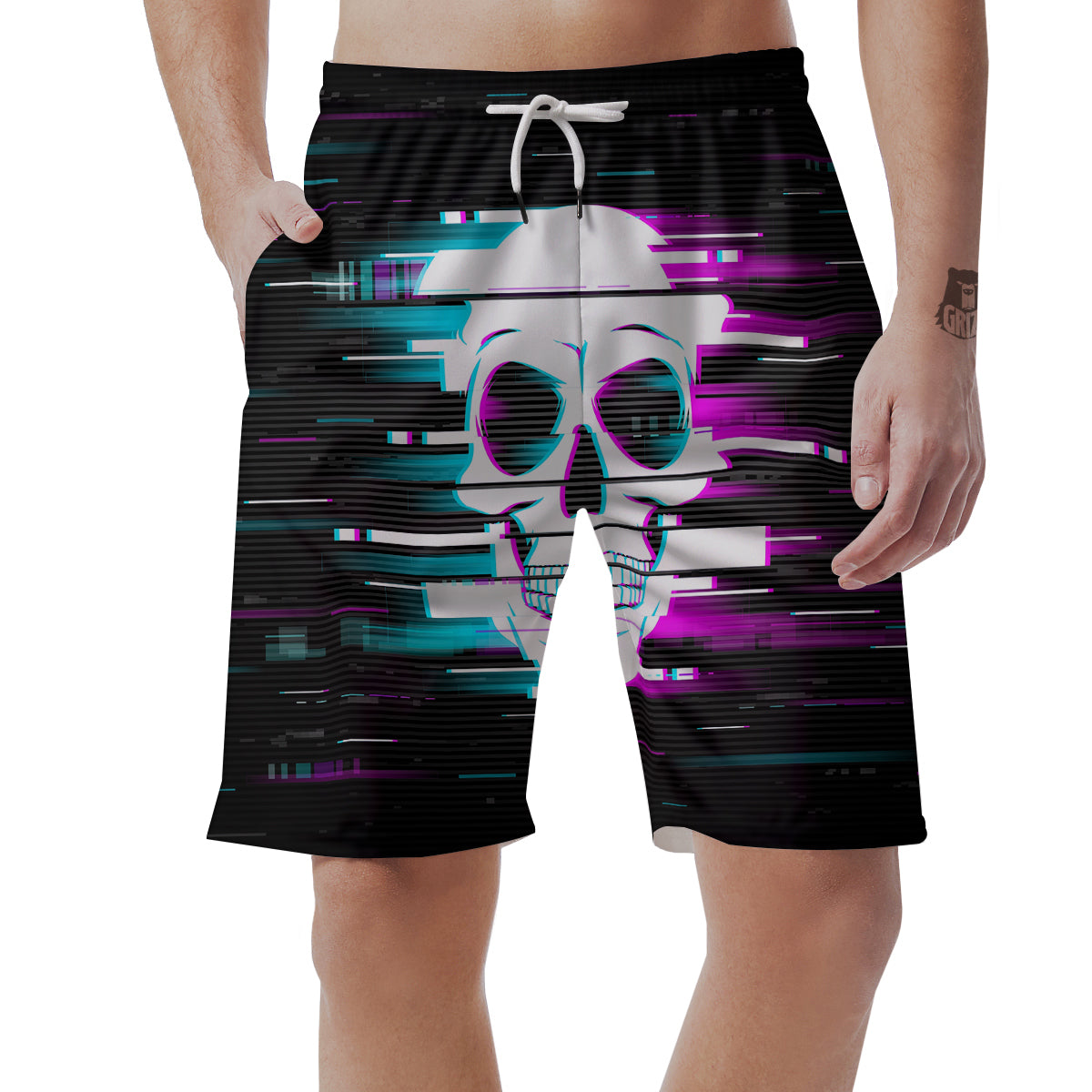 Smiling Skull Glitch Print Men's Shorts-grizzshop