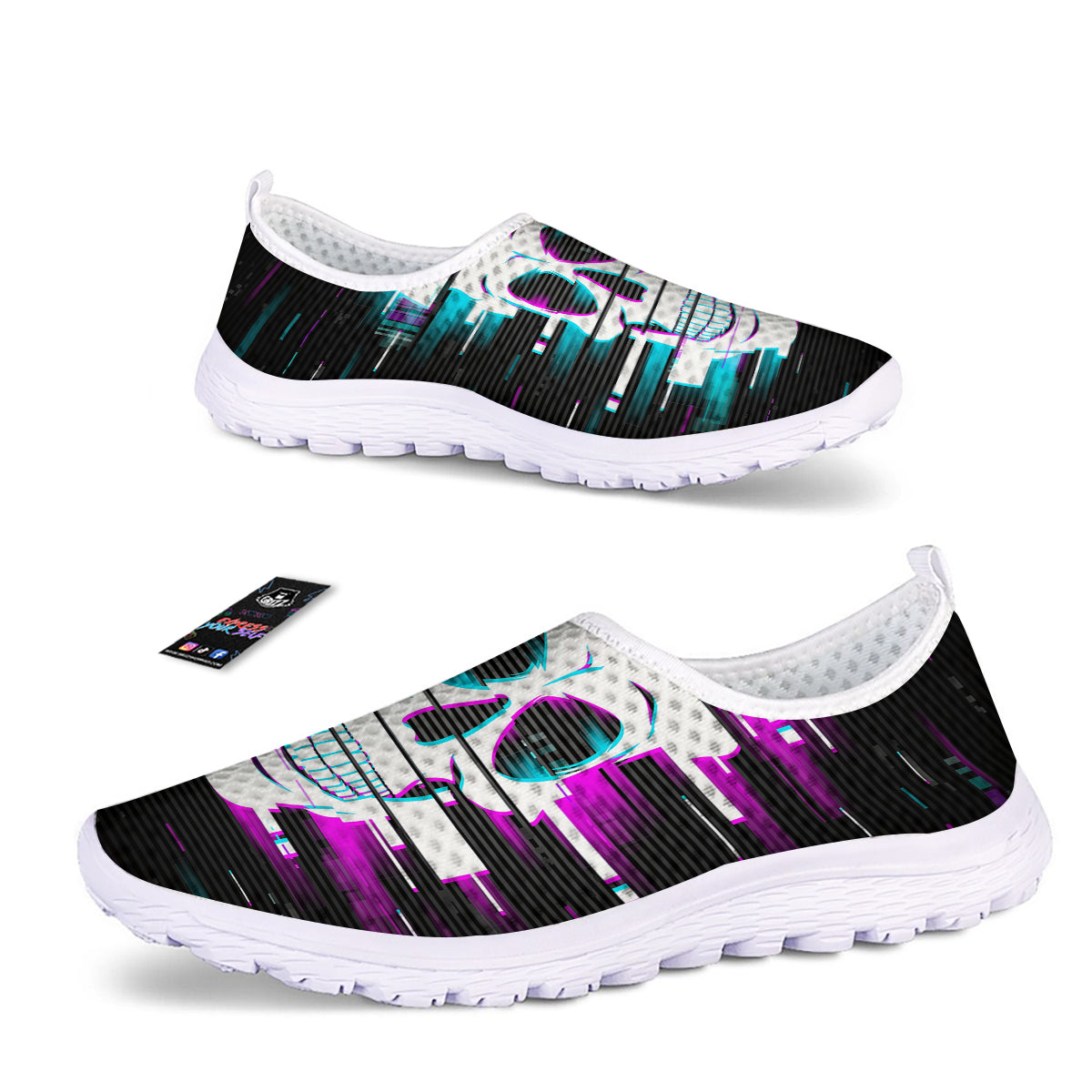 Smiling Skull Glitch Print Nurse Shoes-grizzshop