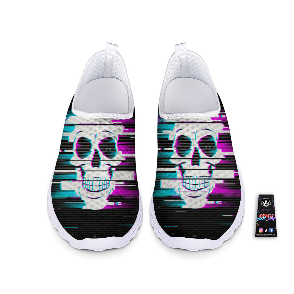 Smiling Skull Glitch Print Nurse Shoes-grizzshop