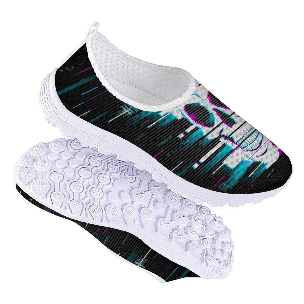 Smiling Skull Glitch Print Nurse Shoes-grizzshop