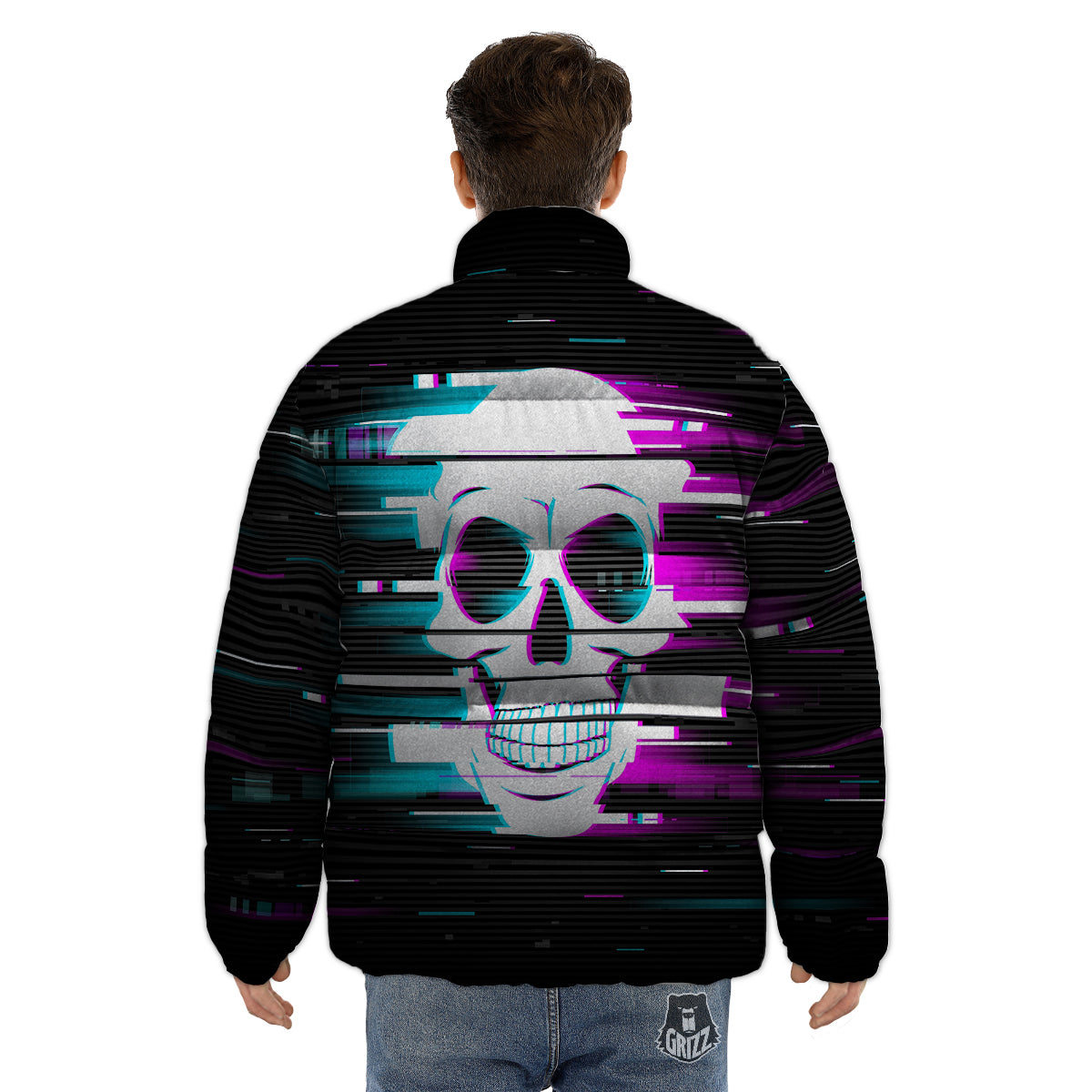 Smiling Skull Glitch Print Puffer Jacket-grizzshop