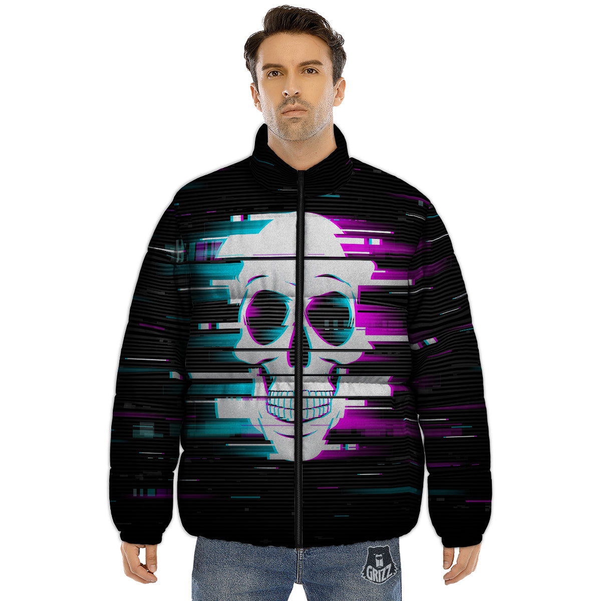 Smiling Skull Glitch Print Puffer Jacket-grizzshop