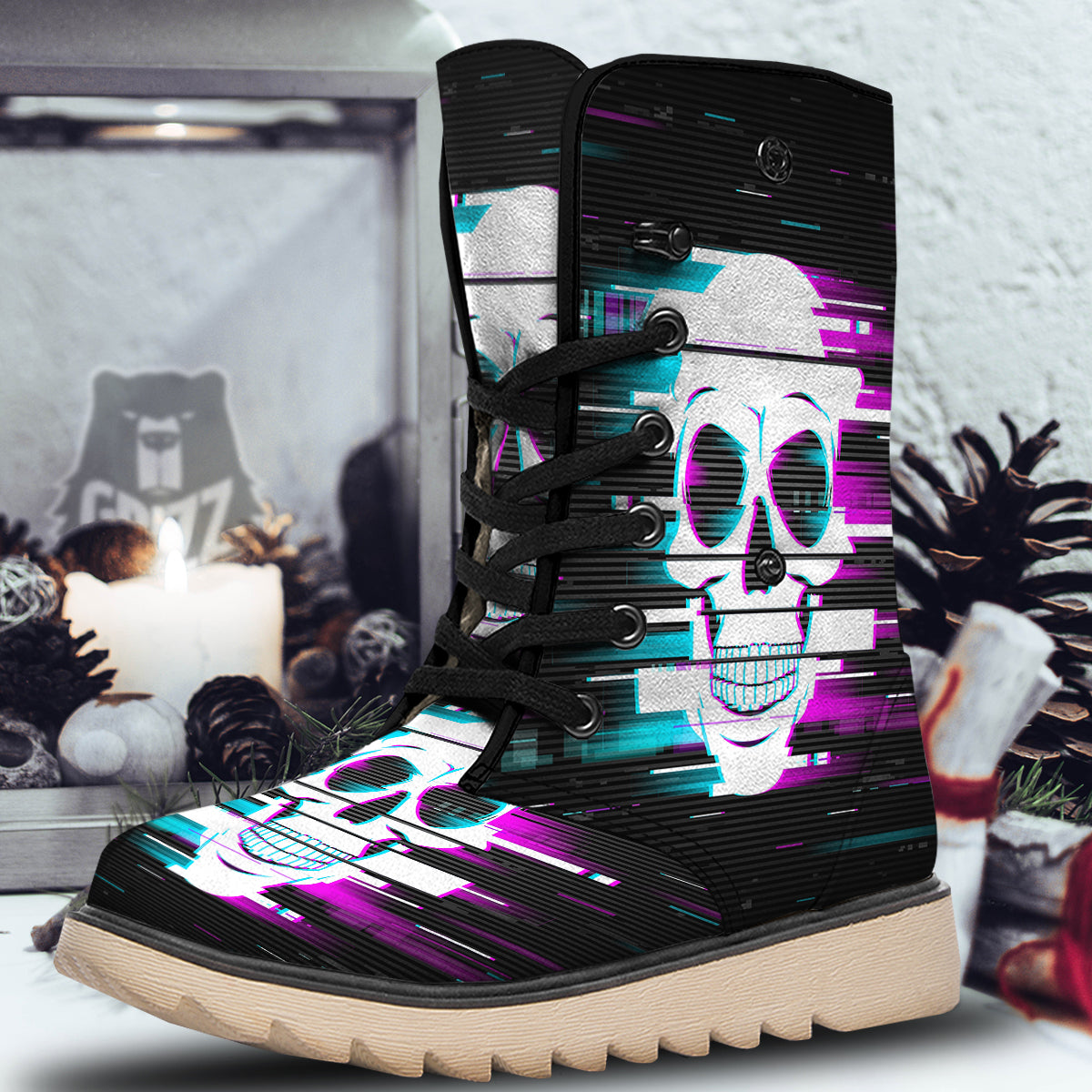 Smiling Skull Glitch Print Snow Boots-grizzshop