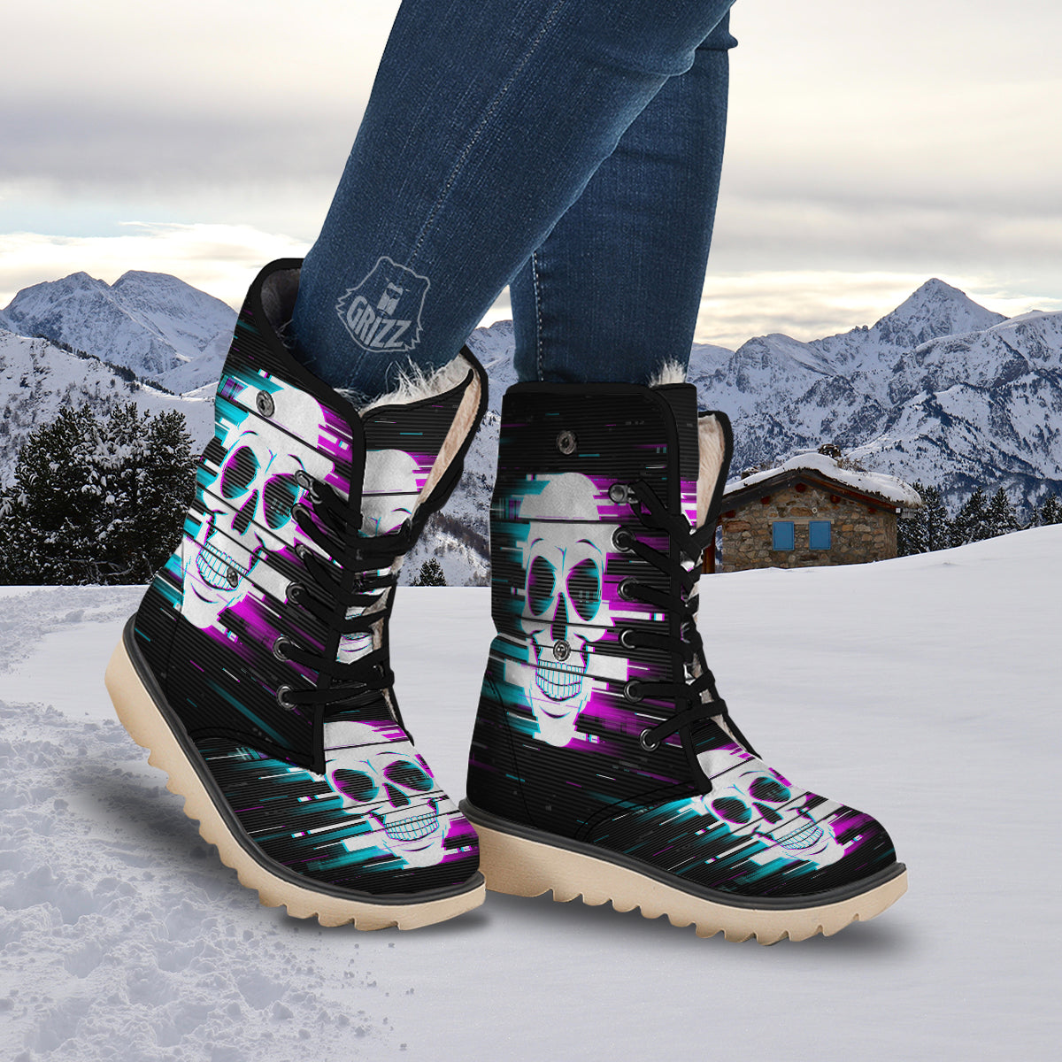 Smiling Skull Glitch Print Snow Boots-grizzshop