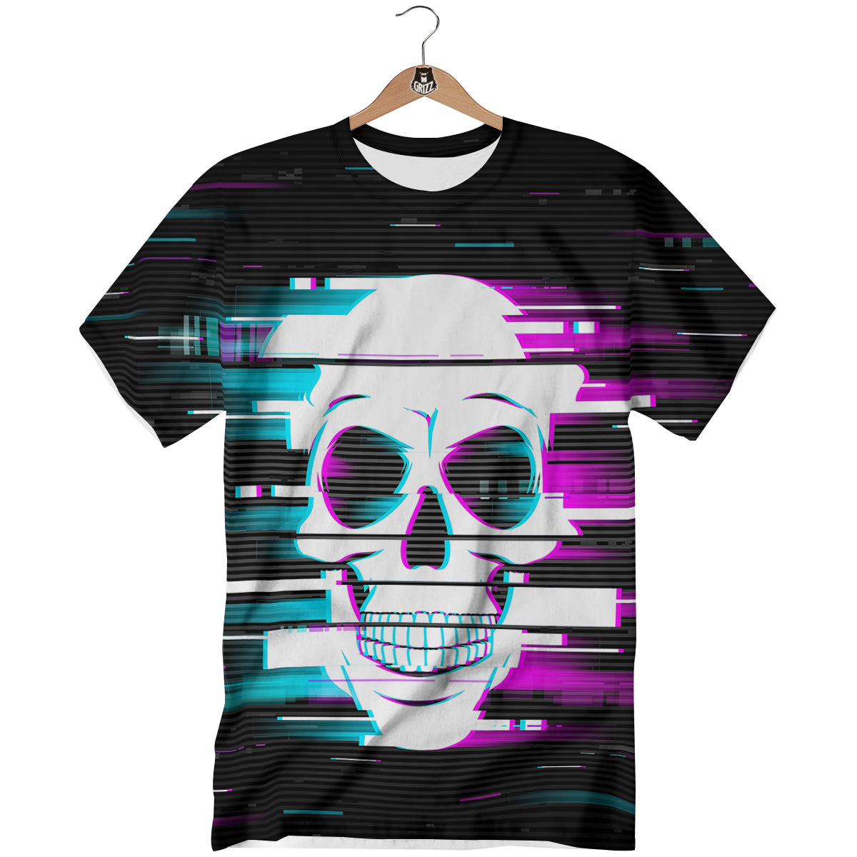 Smiling Skull Glitch Print T-Shirt-grizzshop