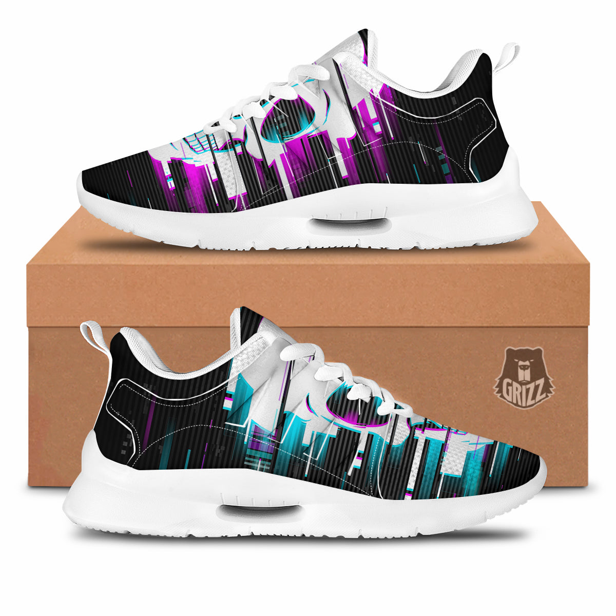 Smiling Skull Glitch Print Tennis Shoes-grizzshop