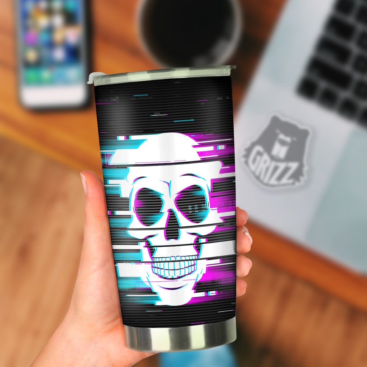 Smiling Skull Glitch Print Tumbler-grizzshop