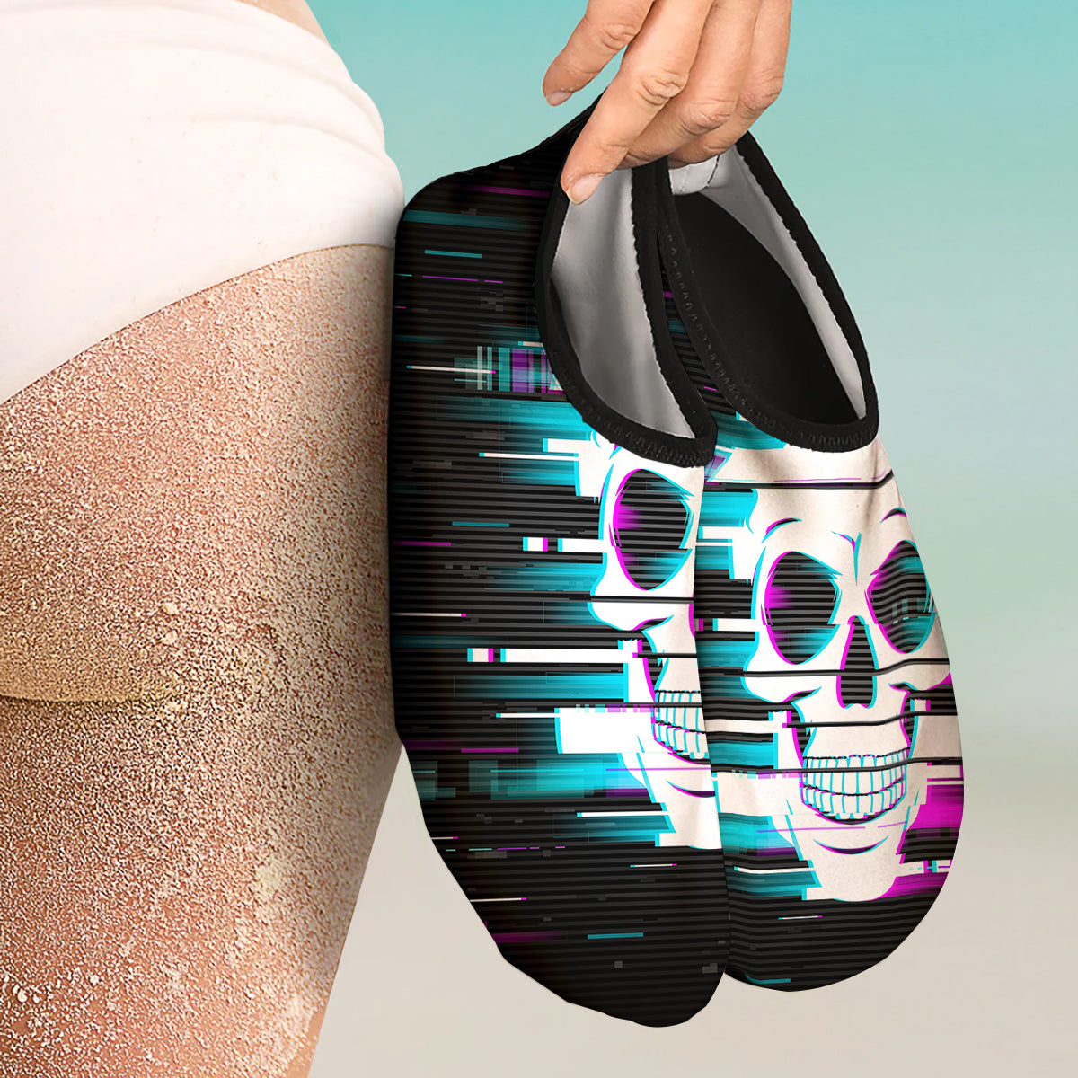 Smiling Skull Glitch Print Water Shoes-grizzshop