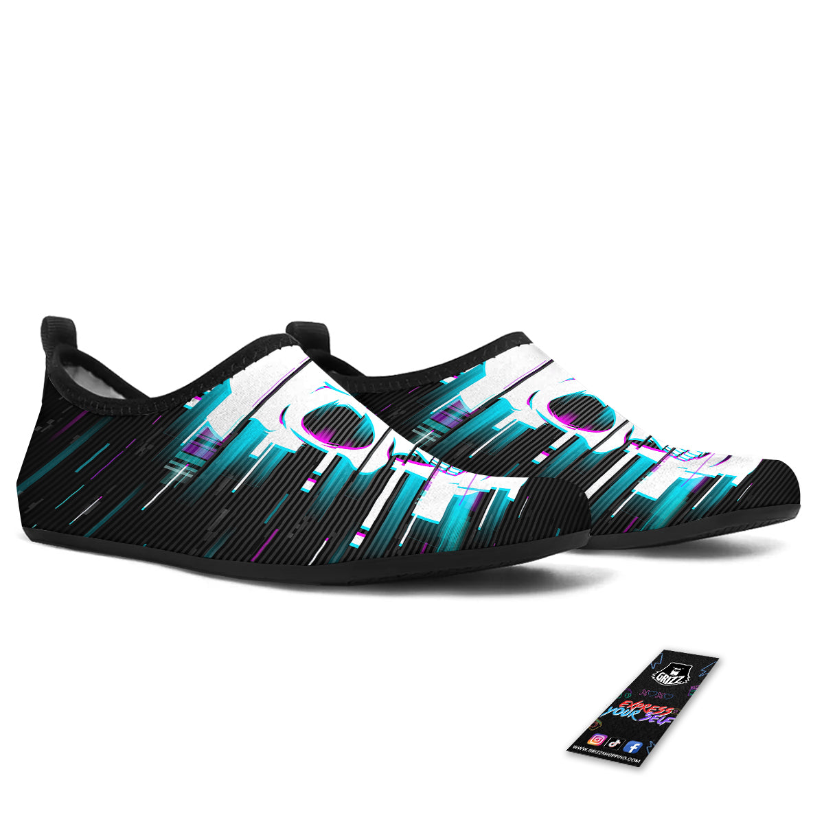 Smiling Skull Glitch Print Water Shoes-grizzshop