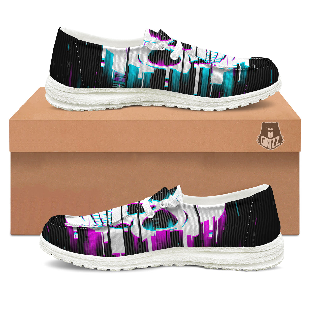 Smiling Skull Glitch Print White Loafers-grizzshop