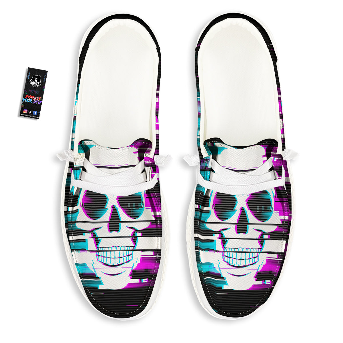 Smiling Skull Glitch Print White Loafers-grizzshop
