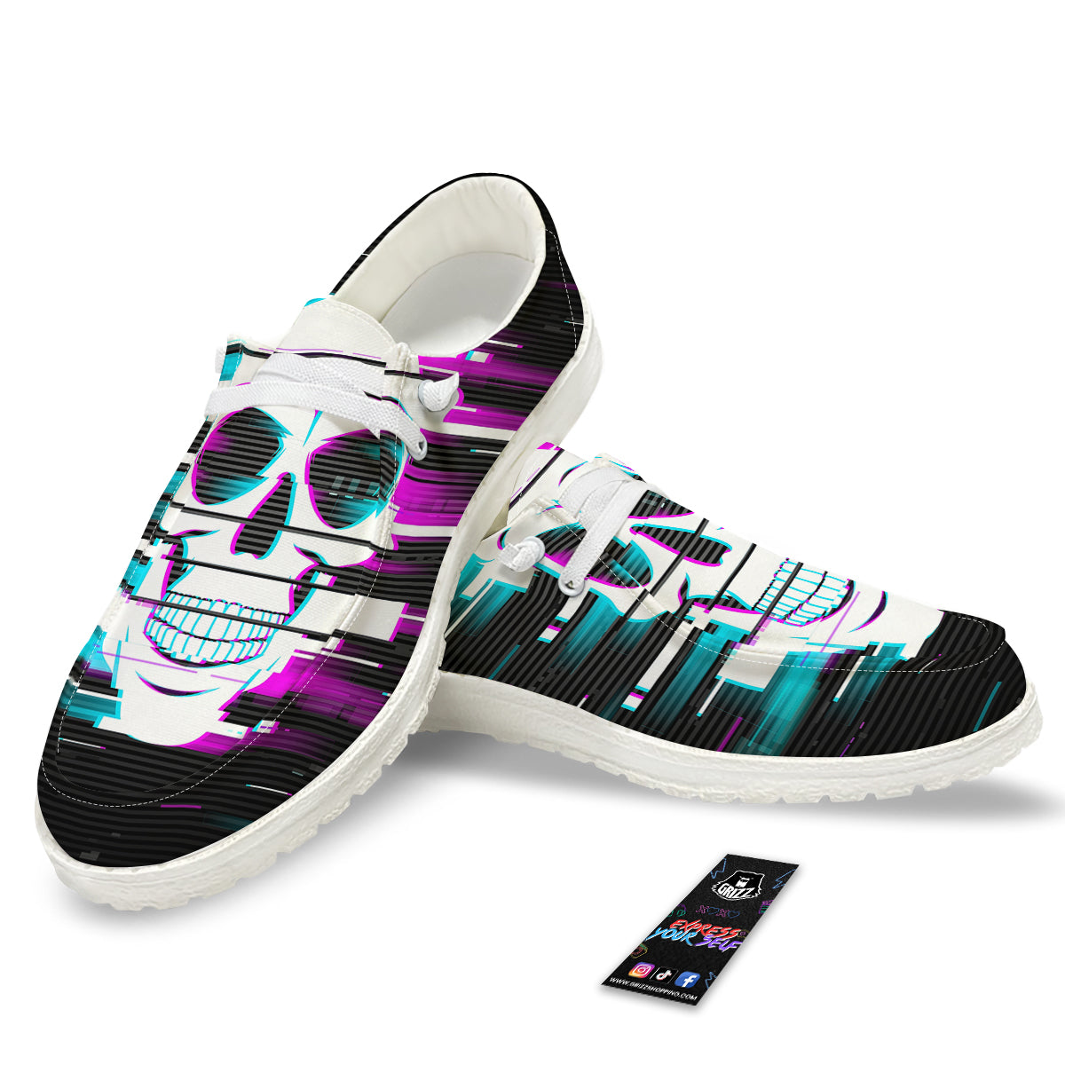 Smiling Skull Glitch Print White Loafers-grizzshop
