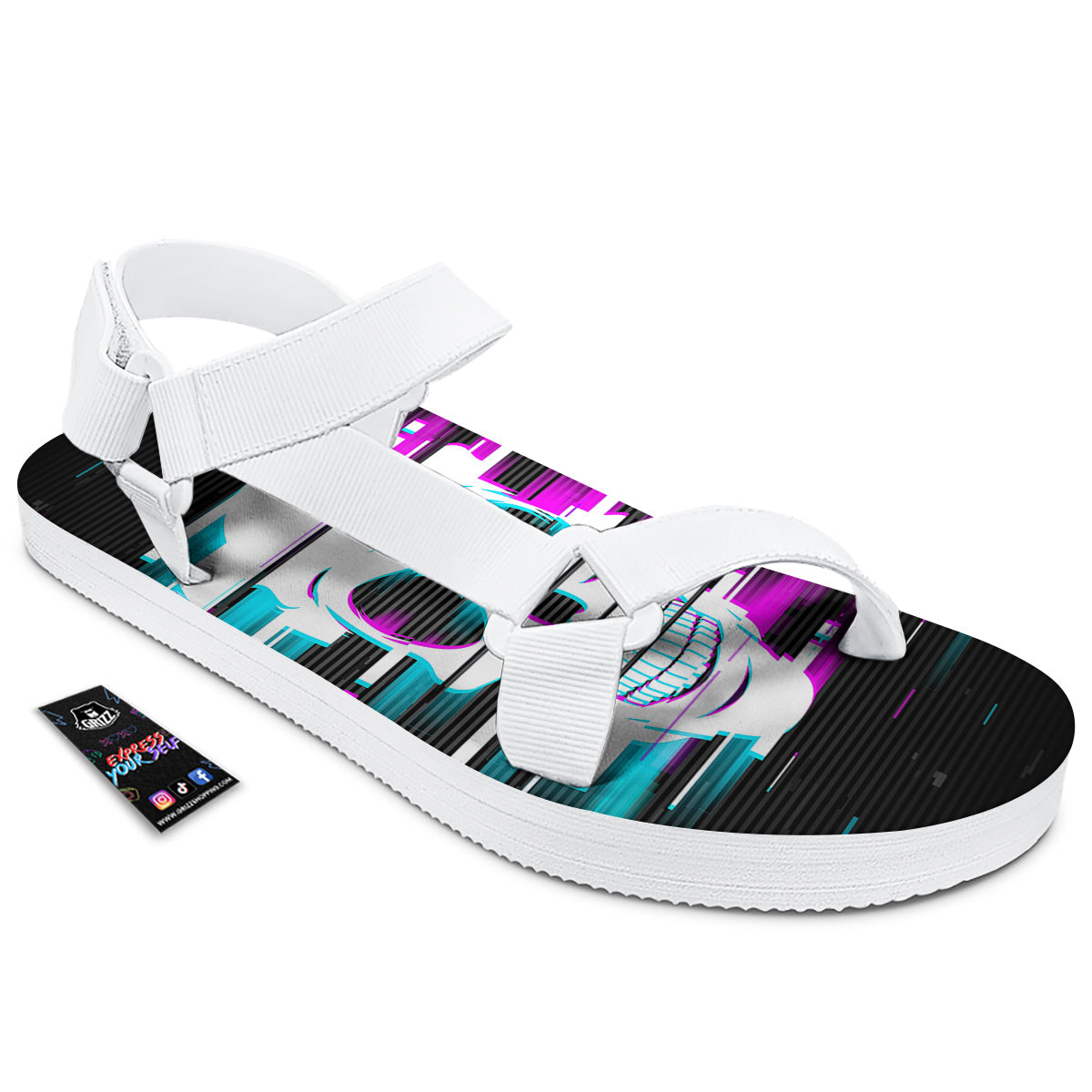 Smiling Skull Glitch Print White Open Toe Sandals-grizzshop
