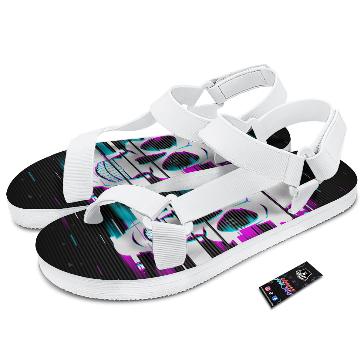 Smiling Skull Glitch Print White Open Toe Sandals-grizzshop