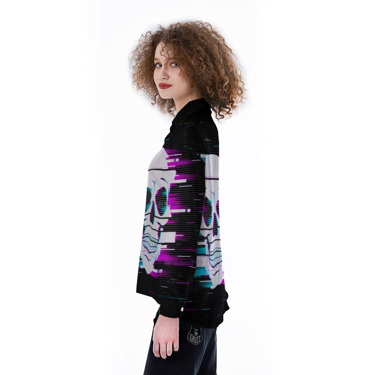 Smiling Skull Glitch Print Women's Long Sleeve Shirts-grizzshop