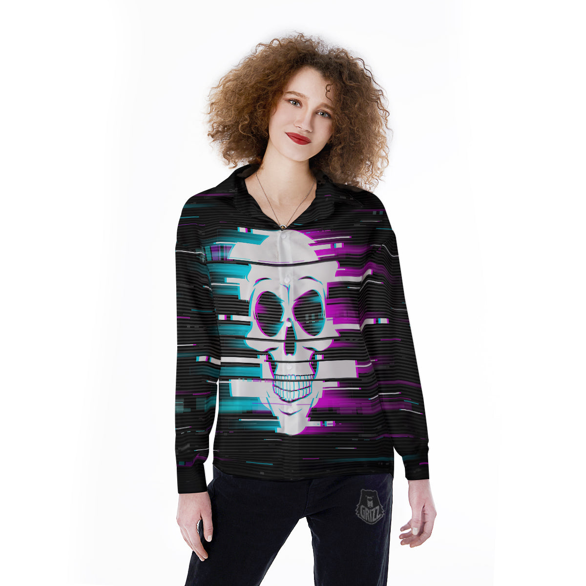 Smiling Skull Glitch Print Women's Long Sleeve Shirts-grizzshop