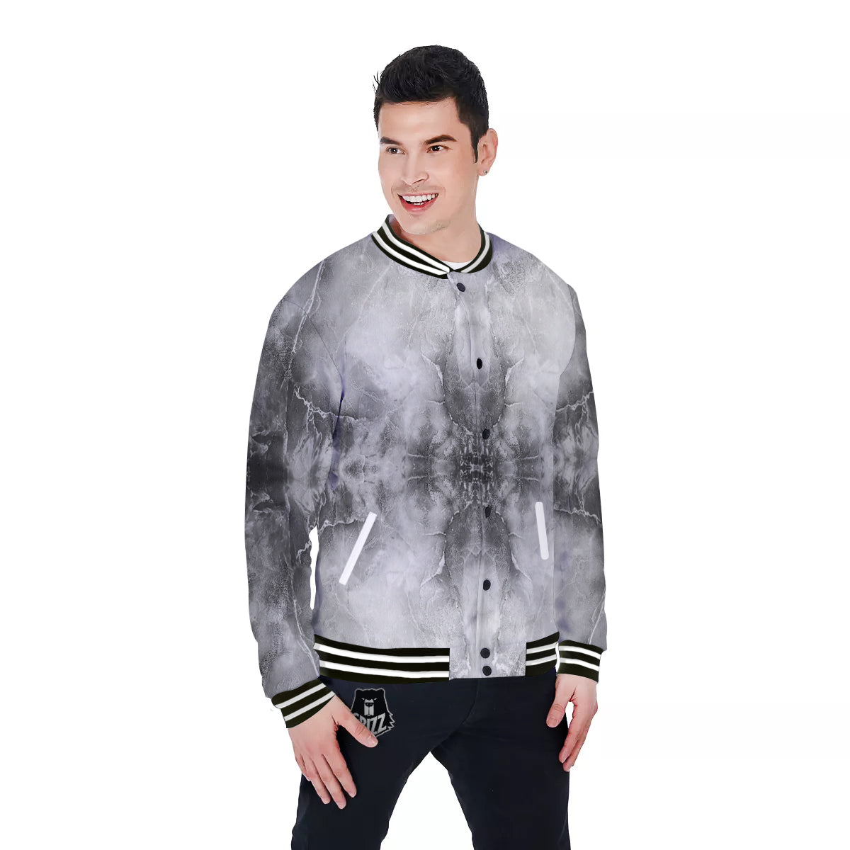 Smoke Marble White Grey Print Pattern Baseball Jacket-grizzshop