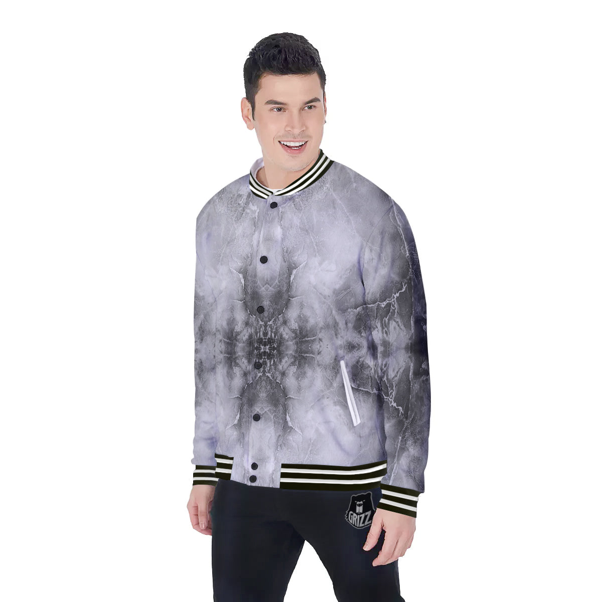 Smoke Marble White Grey Print Pattern Baseball Jacket-grizzshop