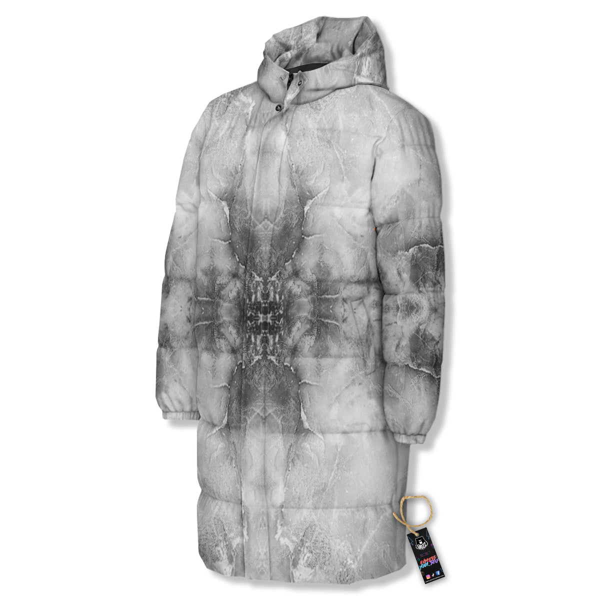 Smoke Marble White Grey Print Pattern Long Down Jacket-grizzshop