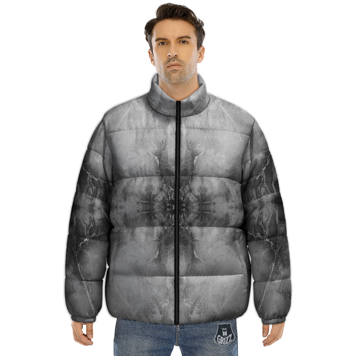 Smoke Marble White Grey Print Pattern Puffer Jacket-grizzshop