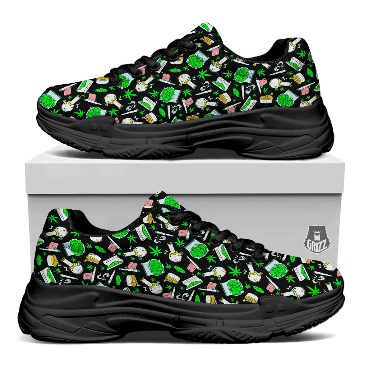 Smoke Weed Green Neon Print Pattern Black Chunky Shoes-grizzshop