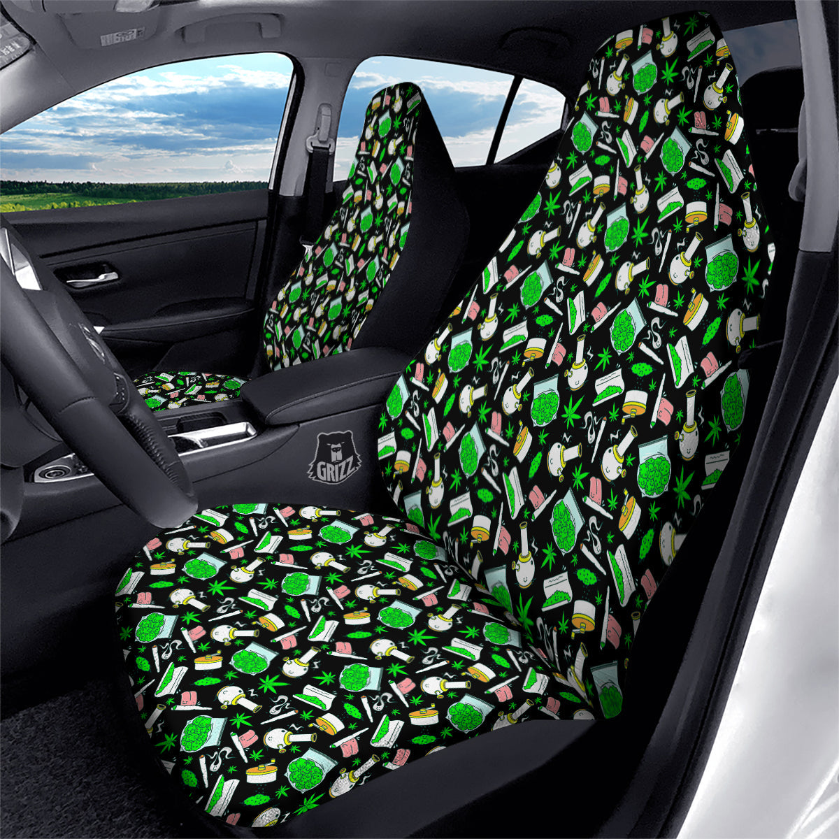 Smoke Weed Green Neon Print Pattern Car Seat Covers-grizzshop