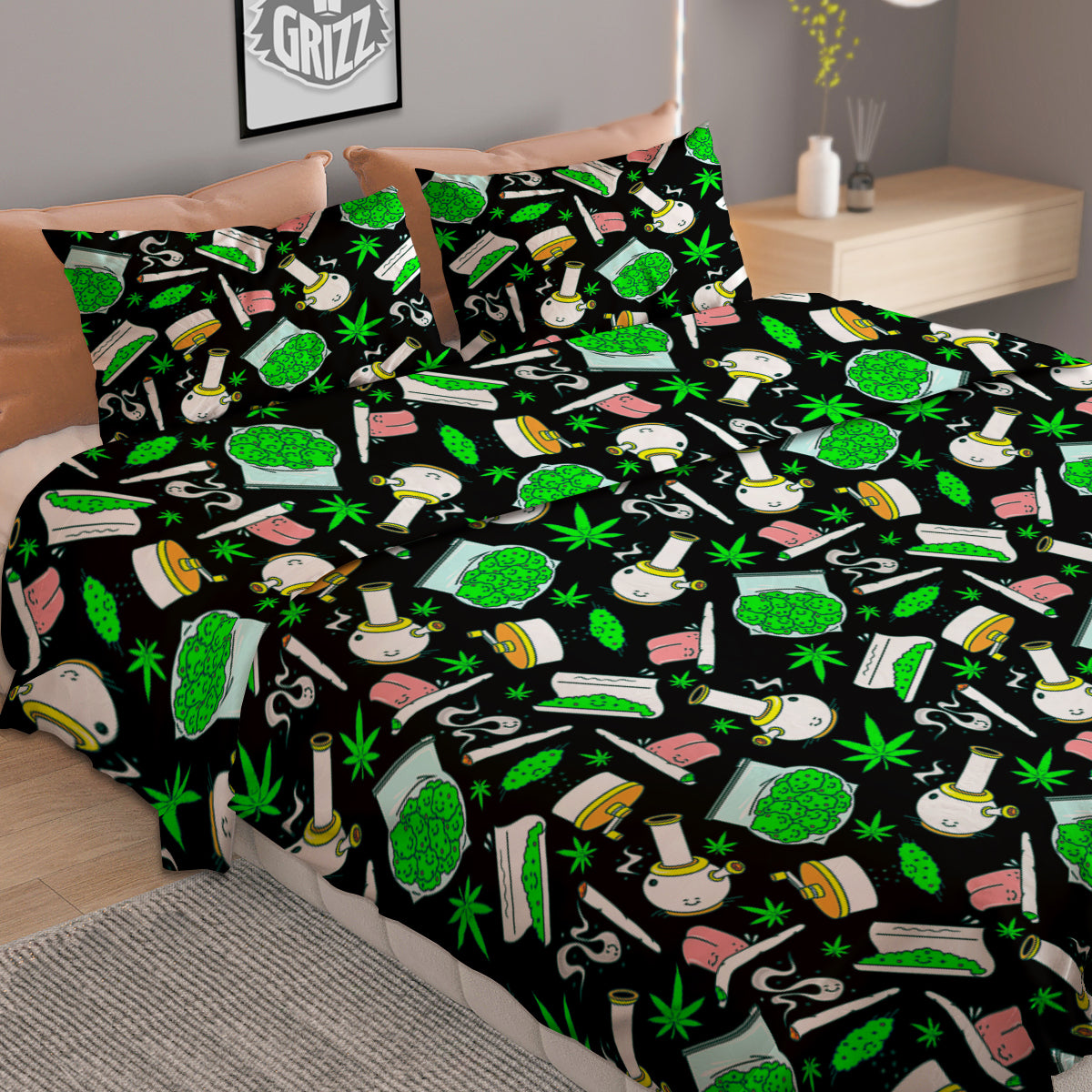 Smoke Weed Green Neon Print Pattern Duvet Cover Bedding Set