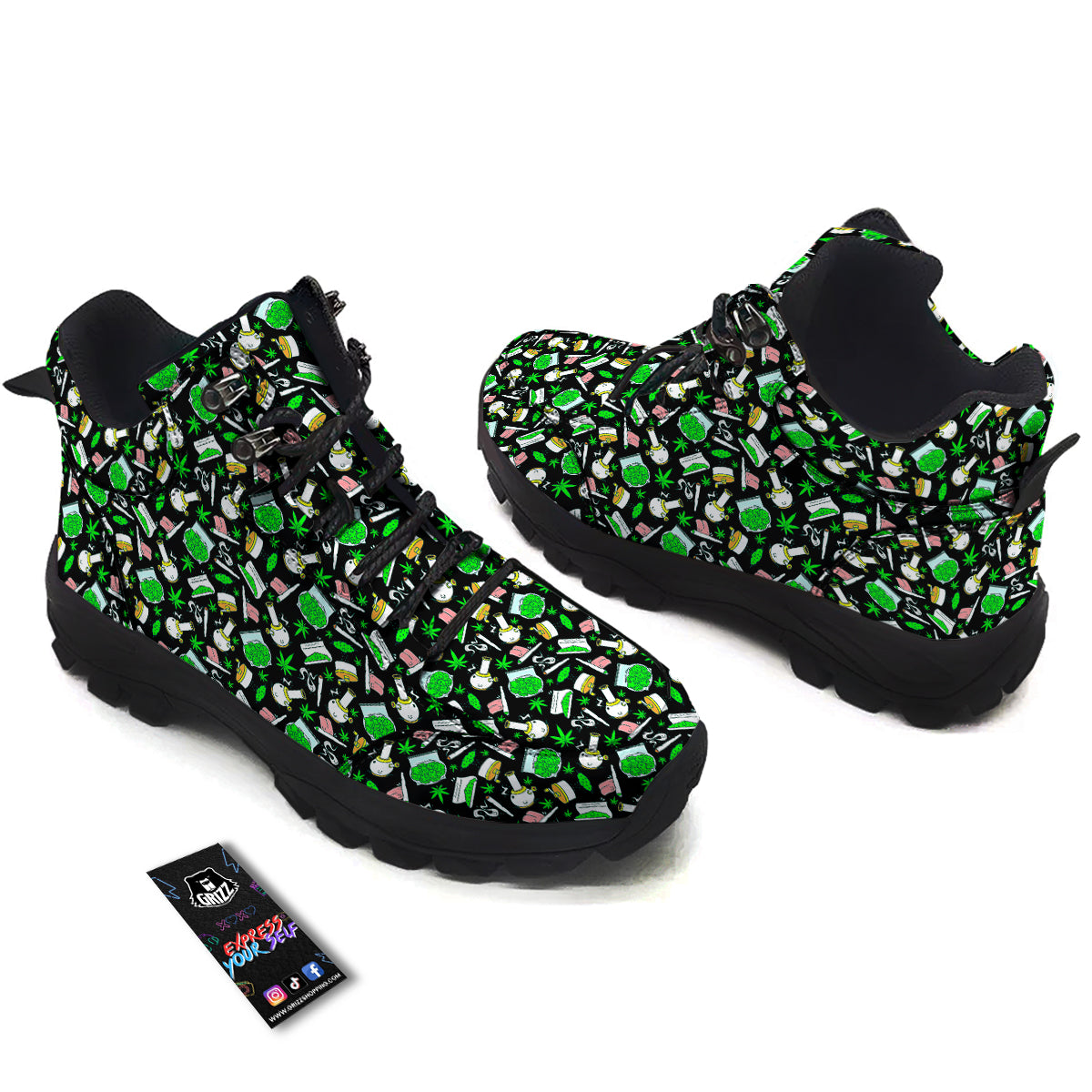 Smoke Weed Green Neon Print Pattern Hiking Shoes-grizzshop
